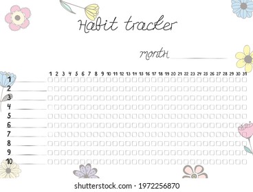 Printable A4 paper sheet with hand drawn flowers and lines for marks for fulfilled habits. Minimalist planner for  bullet journal page, habit tracker, daily planner template, blank for notebook.