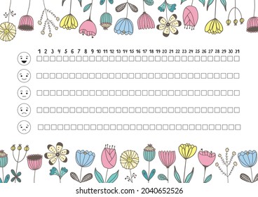 Printable A4 paper sheet with hand drawn flowers and to fill planner of mood tracker for bullet journal page, daily planner template, blank for notebook.