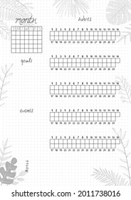 Printable A4 paper sheet, minimalist  bullet journal page with blank month planner, goals, events, habits on tropical leaves background. Stylish planner for daily planner template, blank for notebook.