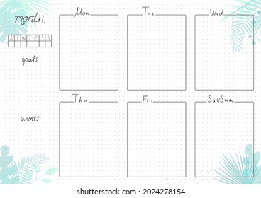 Printable A4 paper sheet, minimalist  bullet journal page with blank week planner, goals, events on tropical leaves background. Stylish planner for daily planner template, blank for notebook.