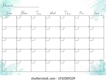 Printable A4 paper sheet with monthly planner blank to fill on background with tropical leaves. Minimalist planner for bullet journal page, habit tracker, daily planner template, blank for notebook.