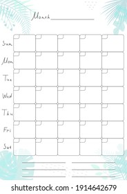 Printable A4 paper sheet with monthly planner blank to fill on background with tropical leaves. Minimalist planner for bullet journal page, habit tracker, daily planner template, blank for notebook.