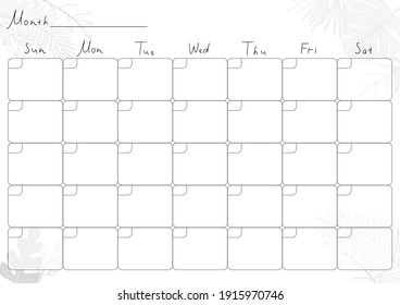 Printable A4 paper sheet with monthly planner blank to fill on background with tropical leaves. Minimalist planner for bullet journal page, habit tracker, daily planner template, blank for notebook.