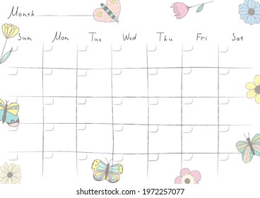 Printable A4 paper sheet with monthly planner blank to fill on background with hand drawn flowers. Minimalist planner for bullet journal page, habit tracker, daily planner template, blank for notebook