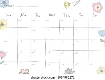 Printable A4 paper sheet with monthly planner blank to fill on background with hand drawn flowers. Minimalist planner for bullet journal page, habit tracker, daily planner template, blank for notebook