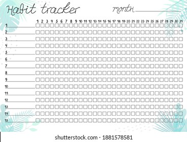 Printable A4 paper sheet with tropical leaves  and lines for marks for fulfilled habits. Minimalist planner for  bullet journal page, habit tracker, daily planner template, blank for notebook.