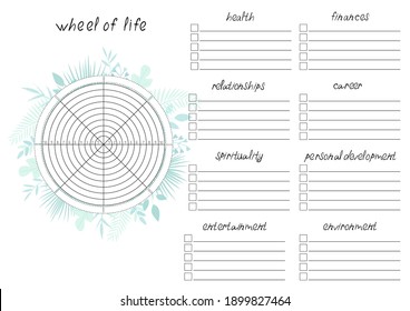 Hoja de papel A4 imprimible con hojas tropicales y rueda de la vida - diagrama con líneas en blanco para rellenar. Herramienta de coaching para la página del diario de viñetas, plantilla del planificador diario, en blanco para el bloc de notas.