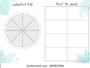 Printable A4 paper sheet with tropical leaves and Wheel of Life - diagram with blank lines to fill. Coaching tool for bullet journal page, daily planner template, blank for notebook.