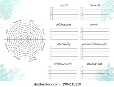 Printable A4 paper sheet with tropical leaves and Wheel of Life - diagram with blank lines to fill. Coaching tool for bullet journal page, daily planner template, blank for notebook.