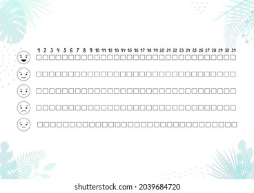 Printable A4 paper sheet with tropical leaves to fill planner of mood tracker in minimalist style. Template for bullet journal page, daily planner template, blank for notebook.