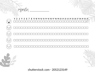 Printable A4 paper sheet with tropical leaves to fill planner of mood tracker in minimalist style. Template for bullet journal page, daily planner template, blank for notebook.