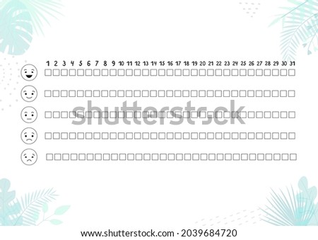 Printable A4 paper sheet with tropical leaves to fill planner of mood tracker in minimalist style. Template for bullet journal page, daily planner template, blank for notebook.