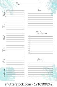 Printable A4 paper sheet with weekly planner blank to fill on background with tropical leaves. Minimalist planner for bullet journal page, habit tracker, daily planner template, blank for notebook.