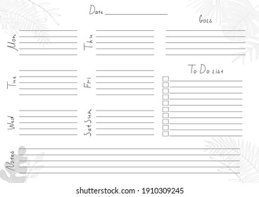 Printable A4 paper sheet with weekly planner blank to fill on background with tropical leaves. Minimalist planner for bullet journal page, habit tracker, daily planner template, blank for notebook.