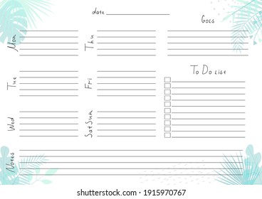 Printable A4 paper sheet with weekly planner blank to fill on background with tropical leaves. Minimalist planner for bullet journal page, habit tracker, daily planner template, blank for notebook.