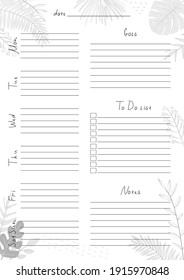 Printable A4 paper sheet with weekly planner blank to fill on background with tropical leaves. Minimalist planner for bullet journal page, habit tracker, daily planner template, blank for notebook.