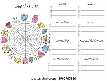 Printable A4 paper sheet with Wheel of Life - diagram with blank lines to fill and hand drawn flowers. Coaching tool for bullet journal page, daily planner template, blank for notebook.