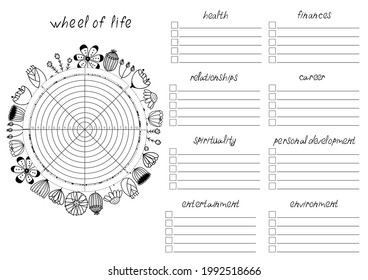 Printable A4 paper sheet with Wheel of Life - diagram with blank lines to fill and hand drawn flowers. Coaching tool for bullet journal page, daily planner template, blank for notebook.