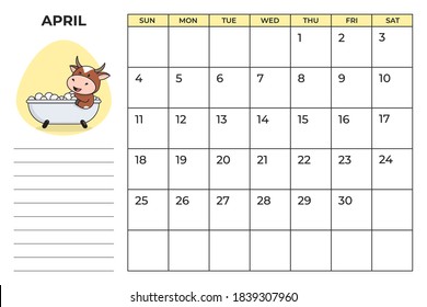 Printable A4 planner page for April 2021 with a cute bull, cow or ox, the symbol of the new year 2021 according to the Chinese calendar. Ready-to-print vector stock calendar page.