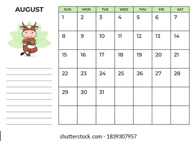 Printable A4 planner page for August 2021 with a cute bull, cow or ox, the symbol of the new year 2021 according to the Chinese calendar. Ready-to-print vector stock calendar page.