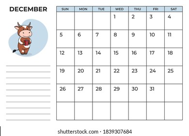 Printable A4 planner page for December 2021 with a cute bull, cow or ox, the symbol of the new year 2021 according to the Chinese calendar. Ready-to-print vector stock calendar page.