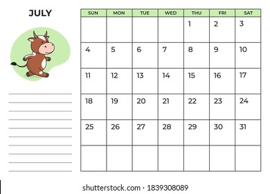 Printable A4 planner page for July 2021 with a cute bull, cow or ox, the symbol of the new year 2021 according to the Chinese calendar. Ready-to-print vector stock calendar page.