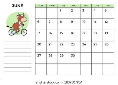 Printable A4 planner page for June 2021 with a cute bull, cow or ox, the symbol of the new year 2021 according to the Chinese calendar. Ready-to-print vector stock calendar page.