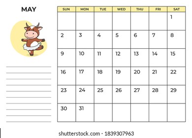 Printable A4 planner page for May 2021 with a cute bull, cow or ox, the symbol of the new year 2021 according to the Chinese calendar. Ready-to-print vector stock calendar page.
