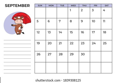 Printable A4 planner page for September 2021 with a cute bull, cow or ox, the symbol of the new year 2021 according to the Chinese calendar. Ready-to-print vector stock calendar page.