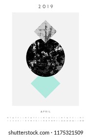 Printable A4 size April 2019 calendar template. Abstract composition with textured geometric shapes in black, gray and light blue. Minimalist and modern calendar design.