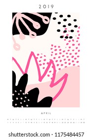 Printable A4 size April 2019 calendar template. Collage style design with abstract and organic shapes in pastel pink, fuchsia, black and cream.