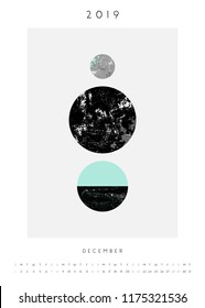Printable A4 size December 2019 calendar template. Abstract composition with textured geometric shapes in black, gray and light blue. Minimalist and modern calendar design.