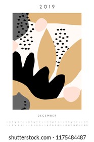 Printable A4 size December 2019 calendar template. Collage style design with abstract and organic shapes in pastel pink, mustard yellow, gray, black and cream.
