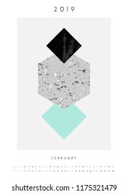 Printable A4 size February 2019 calendar template. Abstract composition with textured geometric shapes in black, gray and light blue. Minimalist and modern calendar design.