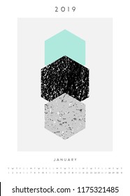 Printable A4 size January 2019 calendar template. Abstract composition with textured geometric shapes in black, gray and light blue. Minimalist and modern calendar design.