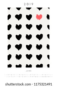 Printable A4 size June 2019 calendar template. Hand drawn hearts pattern design in black and red.