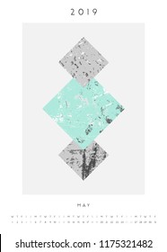 Printable A4 size May 2019 calendar template. Abstract composition with textured geometric shapes in black, gray and light blue. Minimalist and modern calendar design.
