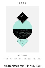 Printable A4 size November 2019 calendar template. Abstract composition with textured geometric shapes in black, gray and light blue. Minimalist and modern calendar design.