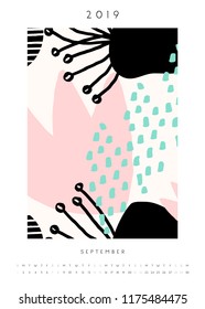 Printable A4 size September 2019 calendar template. Collage style design with abstract and organic shapes in pastel pink, light blue, black and cream.