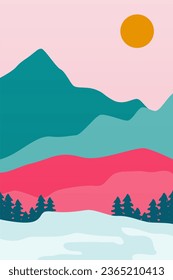 Printable Abstract Landscape Wall Decoration Poster. Mountains Trees Printable Wall Art. Mid Century Modern Decor. Printable Wall Art Sun Terracotta Wall Art