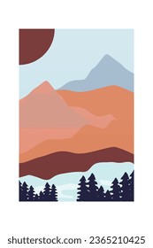 Printable Abstract Landscape Wall Decoration Poster. Mountains Trees Printable Wall Art. Mid Century Modern Decor. Printable Wall Art Sun Terracotta Wall Art