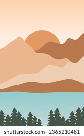Printable Abstract Landscape Wall Decoration Poster. Mountains Trees Printable Wall Art. Mid Century Modern Decor. Printable Wall Art Sun Terracotta Wall Art
