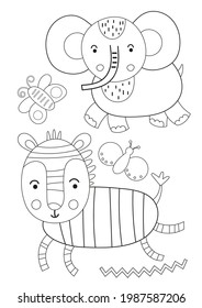 Printable activities for kids coloring page vector. Safari animals kids illustration