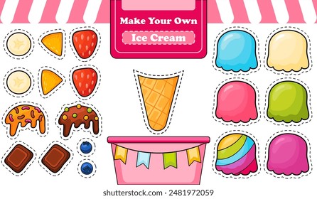 Printable activity for kids make your own ice cream by cutting out ingredients and gluing dessert, summer worksheet for cooking theme