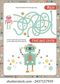 Printable Activity Sheet with Robots Activities – Maze, Find and circle. Activity Pages for Kids. Vector illustration.