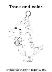 Hoja de trabajo de actividad imprimible: seguimiento y color. Dinosaurio de dibujos animados T-rex con regalo de cumpleaños. Aprende a dibujar para los niños.