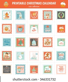 Calendario de publicidad imprimible en vector. Bonito y alegre sello navideño con animales, abeto, hombre de nieve, ángel, regalos, juguetes, nieve, dulces y otros. Bonitas tarjetas de dibujos animados para decorar