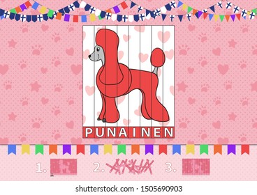Printable album A4 page for preschool and kindergarten kids. Learn colors in finnish language. Puzzle. Cut and complete. Red. Cartoon dog poodle. Vector