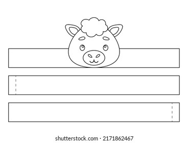 Printable alpaca paper crown. Fun accessory for entertainment. Diy cut party ribbon template for birthday, christmas, baby shower. Print, color, cut and glue. Vector stock illustration.