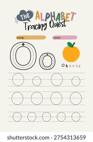 Printable alphabet tracing worksheet showing letter O practice for kids learning to write. Educational activity sheet for early literacy, preschool learning, classroom materials, homeschooling
